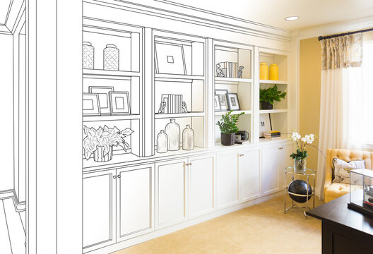 Custom Built-in Shelves and Cabinets Design Drawing Gradating to Finished Photo