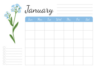 Monthly daily weekly january planner. A4 horizontal page with floral design. Organizer, schedule with place for notes; goals, to do list. Forget-me-not, scorpion grasses wild flower.
