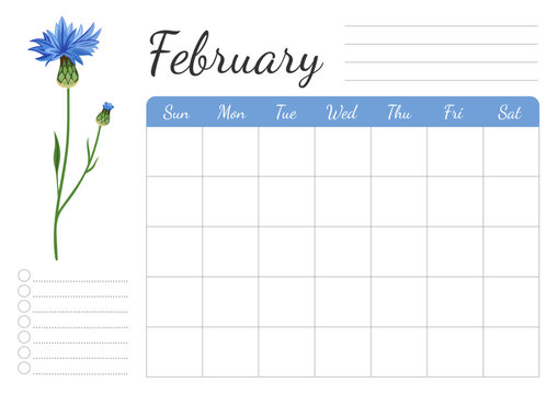 Monthly daily weekly february planner. A4 horizontal page with floral design. Organizer, schedule with place for notes; goals, to do list. Blue cornflower.