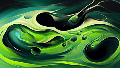 Abstract green tones liquid oil painting illustration on black background