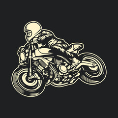 Vintage motorcycle. Hand drawn motorbike. Vector illustration. Hand drawing of man riding a classic cafe racer motorcycle