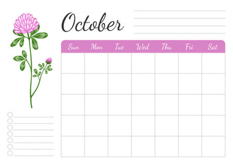 Monthly daily weekly october planner. A4 horizontal page with floral design. Organizer, schedule with place for notes; goals, to do list. Red clover wild flower.