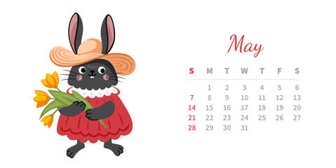 May 2023 calendar page horizontal template. Cute bunny in straw hat with yellow flowers. Rabbit, chinese symbol and mascot of new year. Week starts on sunday. Vector illustration.