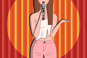 Stand up female comedian speaking a live show. Woman with microphone on a scene. Red curtain on background. Yellow spotlight. Flat vector design.