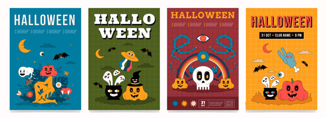 A set of colorful Halloween posters with trending funny illustrations. Groovy placard templates.