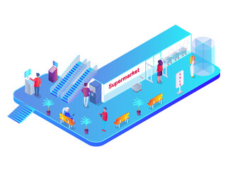 Mall shops with escalator staircase vector illustration moving staircase, automatic ladder. Modern multistory floor trade center with fashion boutique, cafe and grocery store, free zone for relax