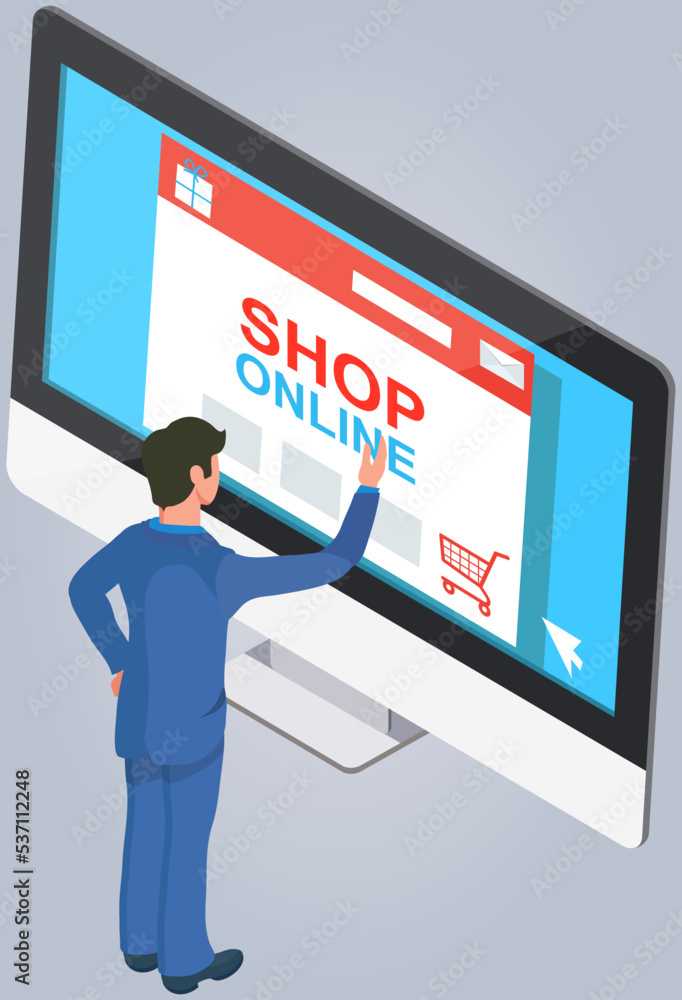 Poster businessman using computer for online trading, internet shopping. form of e-commerce allows consumer