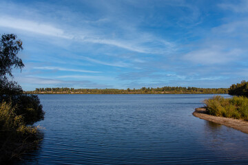 A beautiful lake in summer green forest. Lake shoreline background reflection. Summer green lake view. Summer forest lake landscape