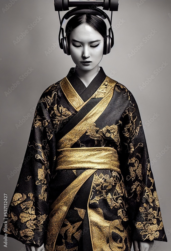 Wall mural a young beautiful geisha in a kimono and headphones. portrait of a beautiful geisha in a black and g