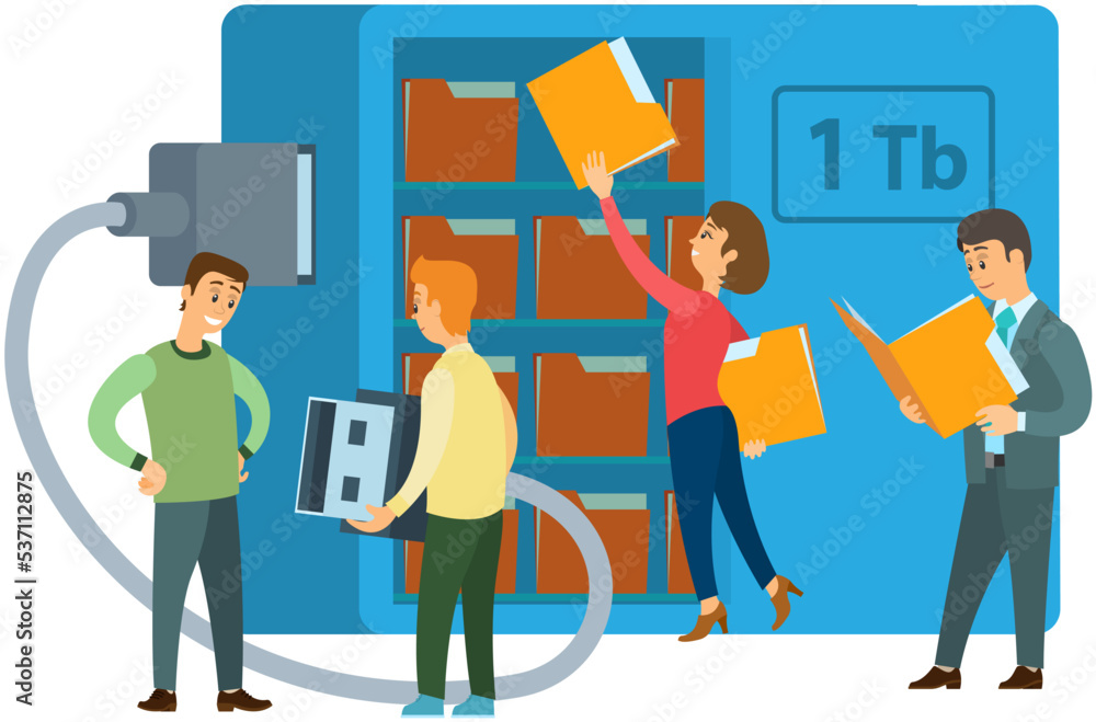 Poster cloud storage technology concept. people stacking folders with information to online storage cell. m