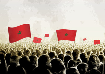 Crowd with the flags of Morocco, people cheering national team of Morocco. Ai generated illustration of crowd.