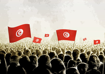 Crowd with the flags of Tunisia, people cheering national team of Tunisia. Ai generated illustration of crowd.