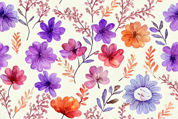 Floral autumn seamless pattern with flowers on stems. Watercolor print on ivory background in vintage style and pastel colors.