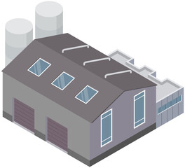 Country house, dacha, small cottage. Gray facade, roof windows, built-in garage, building industry, compact holiday residence pleasant to live and relax. Family house with terrace isolated on white