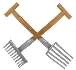 cartoon wheelbarrow with pitchfork and rake illustration