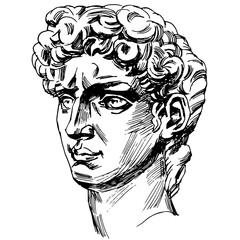 Hand drawn vector sketch marker illustration of renaissance sculpture. Head of David of Michelangelo