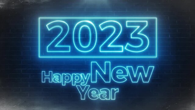 happy new year 2023 celebrations. neon lights. flashing neon. Wall in the background. Flying particles.  4K 