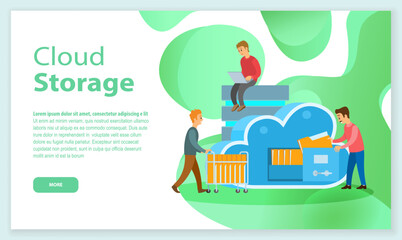 Cloud storage landing page template flat vector business technology storage and cloud server service concept with administrator and developer team working concept. Servers and datacenter connection