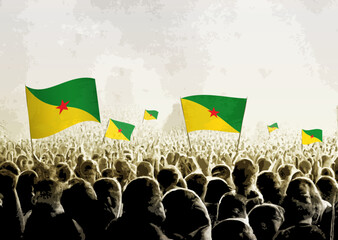 Crowd with the flags of French Guiana, people cheering national team of French Guiana. Ai generated illustration of crowd.