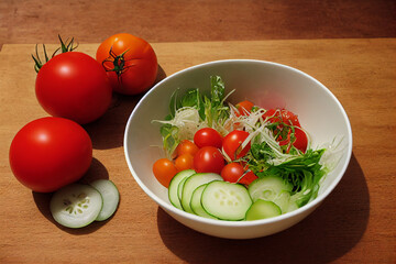 Salad bowl filed with lettuce tomatoes cucumbers on wooden table background