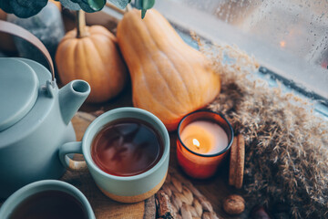 Cup and teapot in Scandinavian style on a wooden tray