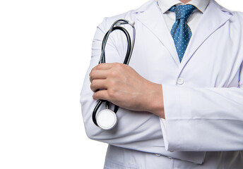 Medical man crop view. Doctor holding stethoscope for hospital diagnosis. Medic in white coat