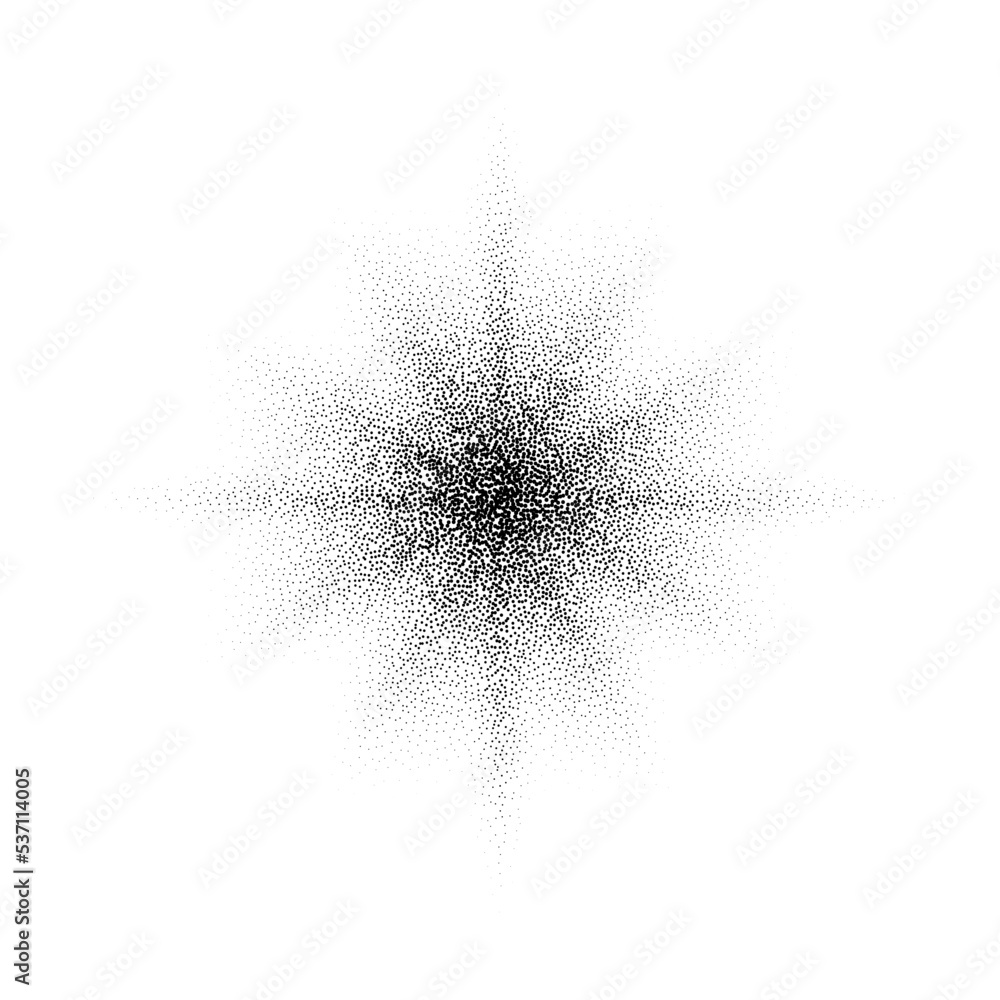 Poster Dotted grain star. Black stipple shape. Abstract noise texture flower. Halftone flare form. Vector stochastic 