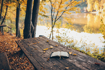 Open bible on a wooden table in the forest, morning worship and prayer
