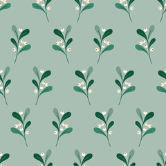 Christmas Foliage and Berries Vector Seamless Pattern. Mistletoe Twigs. Winter Holidays Festive Print. Festive Botanical Design