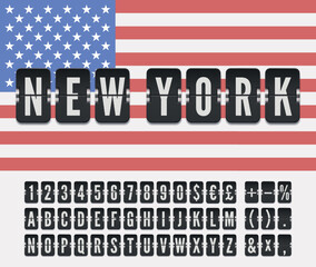 Flight info board of destination in USA New york with mechanical airport flip scoreboard font and America flag Vector illustration