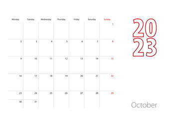 Calendar for October 2023 in modern design, planner template.