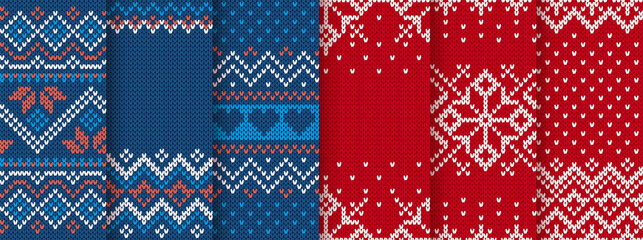 Christmas knitted seamless patterns. Blue and red knit border. Sweater texture. Fair isle traditional backgrounds. Set holiday ornaments. Festive crochet. Wool pullover frame. Vector illustration - obrazy, fototapety, plakaty