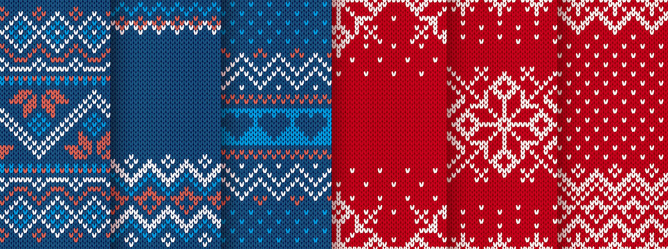 Christmas Knitted Seamless Patterns. Blue And Red Knit Border. Sweater Texture. Fair Isle Traditional Backgrounds. Set Holiday Ornaments. Festive Crochet. Wool Pullover Frame. Vector Illustration