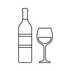 Bottle and glass of white wine. Linear icons beverages isolated on white background. Outline black alcoholic drinks with wineglasses in flat design. Thin line objects. Vector illustration.