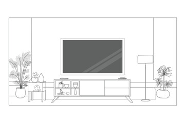 TV Wall Mount on Cabinet line drawing interior design hand sketch illustration