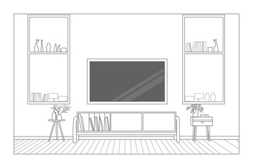 TV Wall Mount on Cabinet line drawing interior design hand sketch illustration