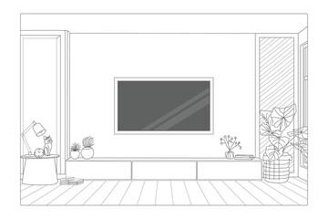 TV Wall Mount on Cabinet line drawing interior design hand sketch illustration