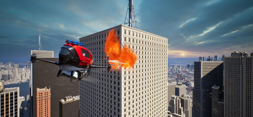 Autonomous driverless aerial vehicle spraying foam for extinguish the fire, Smart 5G technology firefighting drone concept, 3d render