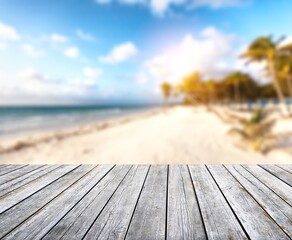 Empty blank table on sea beach background.