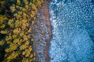 Aerial view of winter lake shore. Frozen lake and trees from above.