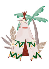 Watercolor boho baby poster with teepee wigwam, feathers and tropic plans © marialetta