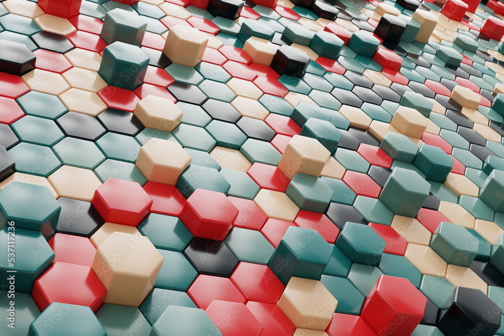 Poster abstract row of colorful futuristic objects background 3d rendering