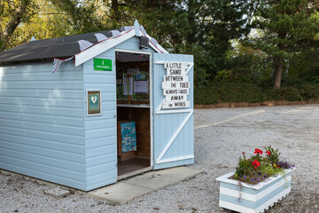 Blue painted cabin being used as an information centre