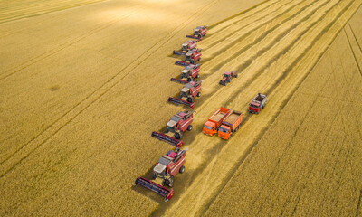 The battle for the harvest, harvesters and other agricultural machinery lined up in a diagonal for...