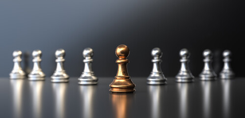 Leadership and growth concept, bronze pawn of chess, standing out from the crowd of silver pawns. 3D Rendering