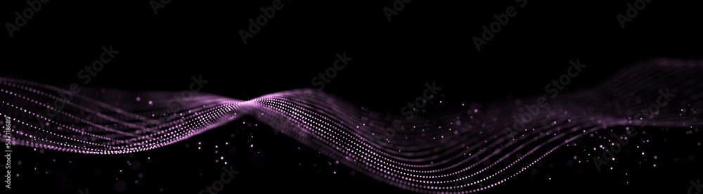 Poster abstract sound wave web banner. artificial intelligence expressed by moving particles. 3d rendering.