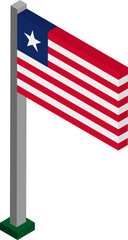 Liberia Flag on Flagpole in Isometric dimension.
