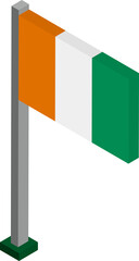 Ivory Coast Flag on Flagpole in Isometric dimension.