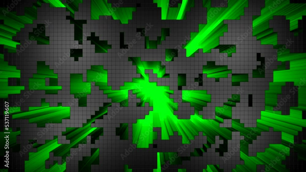 Poster pixelated pattern looking like old fashioned game with cubes. design. 3d long rays in random blinkin
