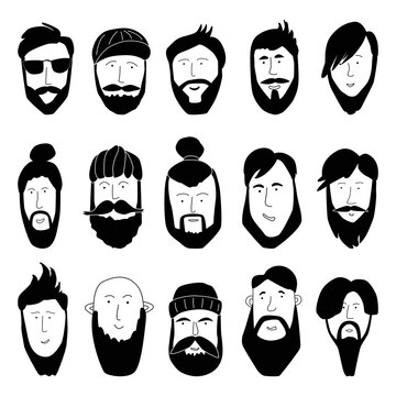 Set of trendy hipsters with different haircuts and beards. Silhouettes, emblems, badges, labels. Vector illustration in doodle style.